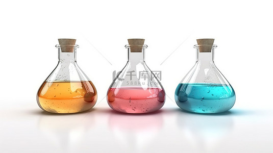 生物化学实验室背景图片_3d 呈现试剂填充化学烧瓶的隔离