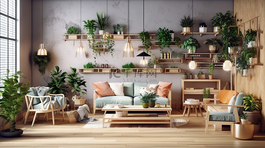 花店或咖啡店舒适聚会空间的 3D 渲染