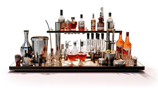 喝东西背景图片_3D 插图中的酒吧工具单独站立在白色背景上