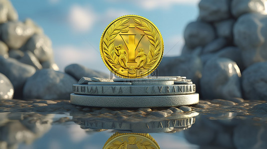 经济金币背景图片_装饰有硬币和乌克兰格里夫纳符号的石柱的 3D 插图，由玻璃制成，象征着经济和金融