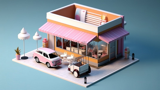 以 3D 数字艺术呈现的极简主义冰淇淋咖啡馆外部建筑等距视图