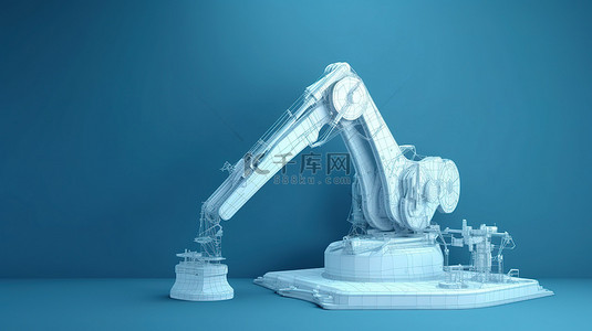 蓝色背景上带有刻度的 3D 渲染中机械臂的蓝图