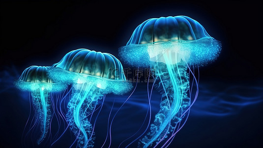 深蓝色海背景背景图片_霓虹灯美杜莎是一种奇幻水母，其长丝的刺细胞在深蓝色的大海中发光 3D 插图