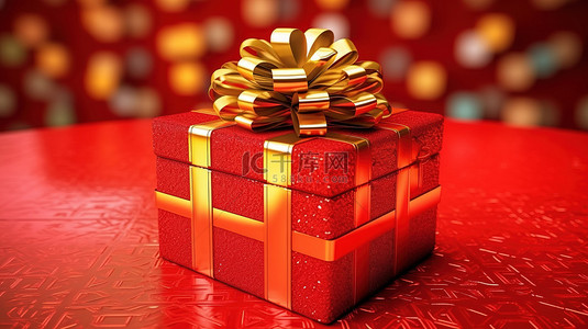 3D 渲染红色礼品盒，配有金丝带，非常适合农历新年情人节圣诞节和周年纪念日