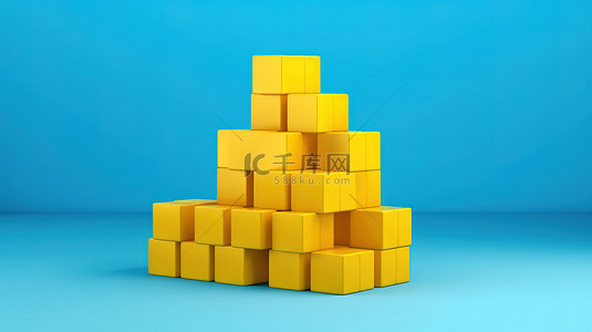 黄色展背景图片_以双色调风格在迷人的蓝色背景 3D 渲染上生动地展示黄色砖块立方体
