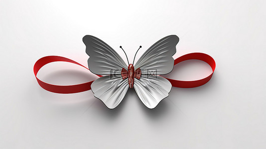 情人节红丝带背景图片_白色背景上饰有 3D 蝴蝶的心形红丝带