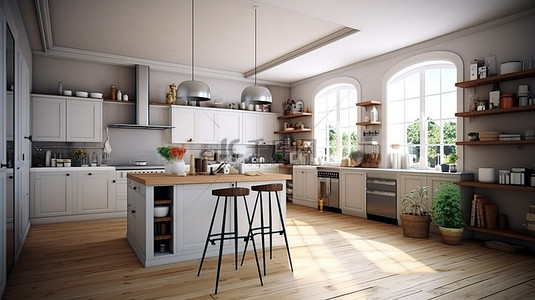 家具元素背景图片_永恒的厨房，带有斯堪的纳维亚和木质元素的室内 3D 渲染