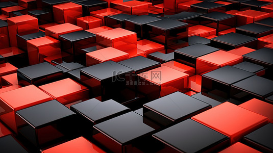 红色的主色调背景图片_3D 渲染的抽象背景，具有黑色和红色色调的立方体
