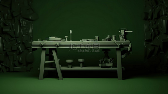 木工工作背景图片_带有单色办公桌的绿色背景的 3d 渲染