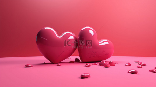 情人节那天，两颗红心漂浮在粉红色空气中的 3D 渲染，心脏大小各异