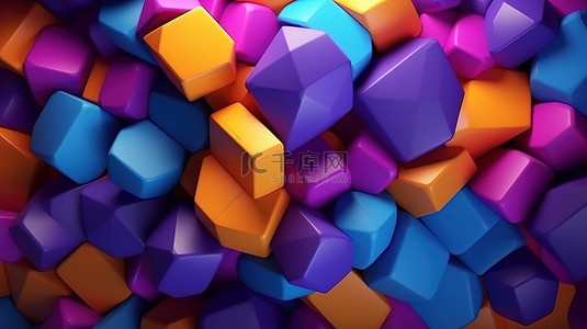 紫色背景上充满活力的几何图形抽象 3D 渲染
