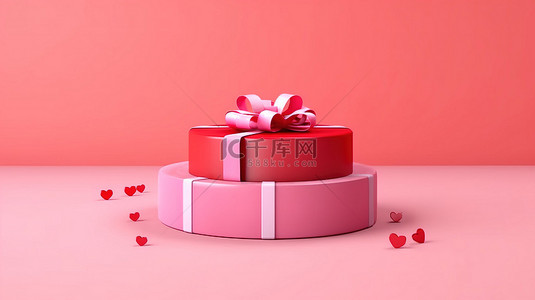 情人节礼物盒背景图片_情人节礼物在粉红色背景 3D 渲染的演示台上打开红色丝带盒