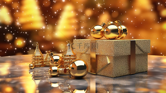 红背景2022背景图片_圣诞礼物和玻璃装饰品的金色 3D 渲染