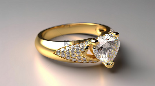戒指首饰背景图片_白色背景上孤立的心形金钻戒指的 3D 渲染