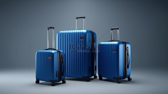 设置在时尚灰色背景上的蓝色手提箱的 3D 渲染