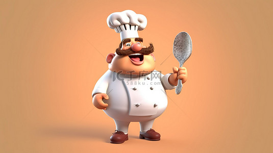 卡通叉子背景图片_卡通风格 3D 插图的厨师挥舞着巨大的叉子
