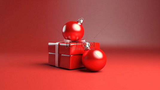 红色喜庆丝带背景背景图片_时尚的礼物盒，带有 3D 渲染的喜庆红色圣诞装饰品