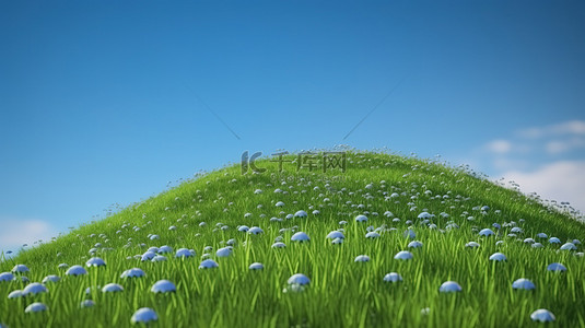 风景秀丽的 3D 插图郁郁葱葱的绿草山，在湛蓝的天空下装饰着盛开的野花
