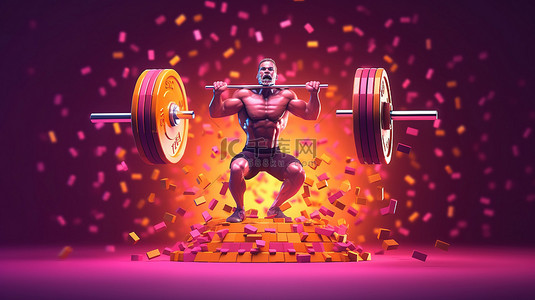 健身运动的人物背景图片_NFT 加密世界中一个坚强的人举起沉重的杠铃的 3D 插图