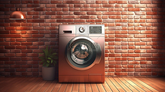 肥皂洗衣背景图片_砖墙上光滑金属洗衣机的 3D 渲染