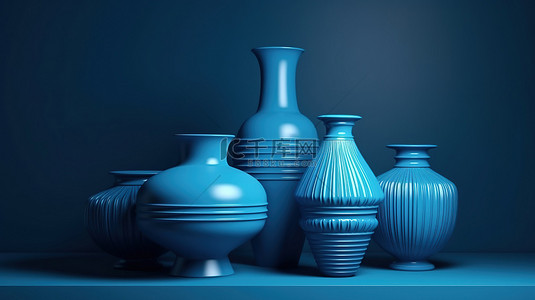 具有三个蓝色花盆和花瓶 3d 渲染的抽象背景