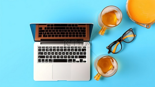 微信表情聊天背景图片_蓝色背景的放松模式笔记本电脑耳机和零食，带 3D 眼镜和啤酒瓶顶视图