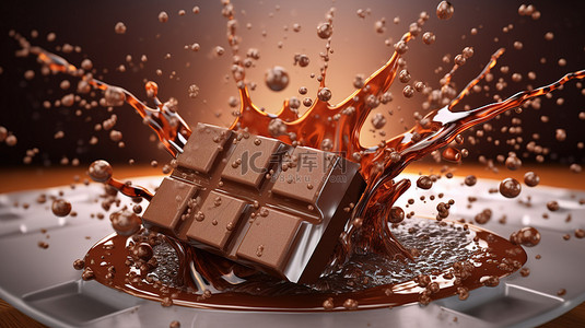 用于商业营销的巧克力棒和液体飞溅的 3D 渲染