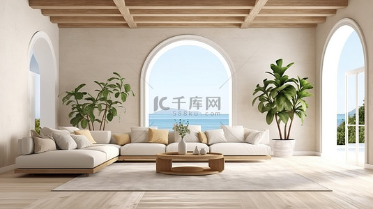 沿海风格的现代客厅内部 3D 渲染模型