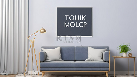 室内家居背景海报背景图片_带模型海报的斯堪的纳维亚客厅的 3D 插图
