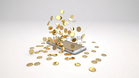 金色的手机背景图片_白色背景的 3D 渲染，配有金色智能手机和用于在线购物的飞行硬币