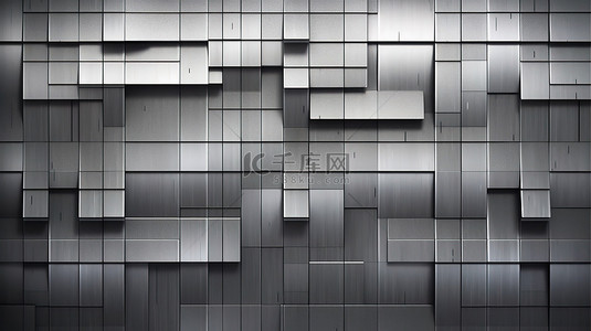 灰色墙壁背景，3D 渲染中有一排长的抽象银色金属条