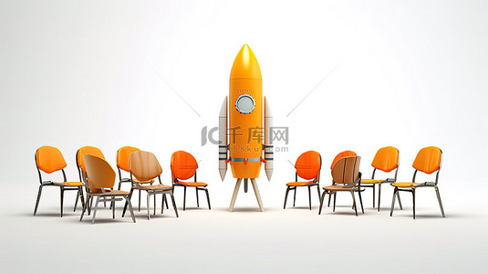 火箭周围环绕着椅子和空白背景上的想法符号 3d 渲染