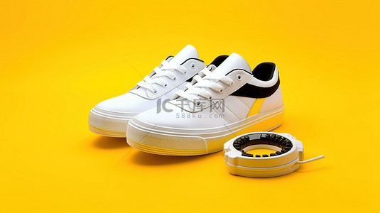 时尚鞋类白色时髦运动鞋，在充满活力的黄色背景上具有流行文化风格