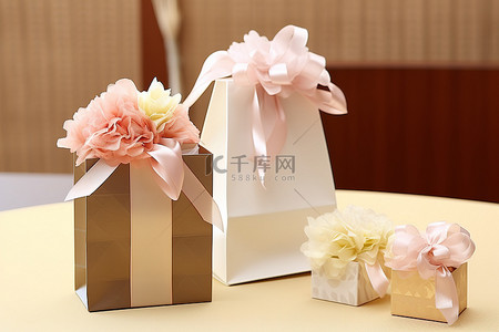 结婚礼物背景图片_一个白色的结婚礼物礼品袋，里面有一束鲜花
