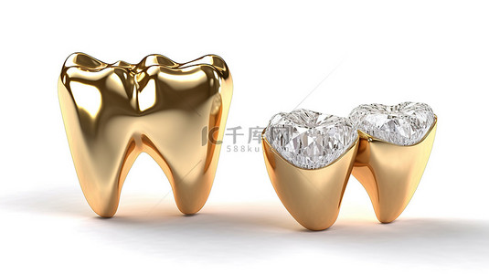 白色牙齿背景图片_3D 渲染一组白色牙齿，在孤立的背景上发出金色光芒，促进牙齿健康和医学