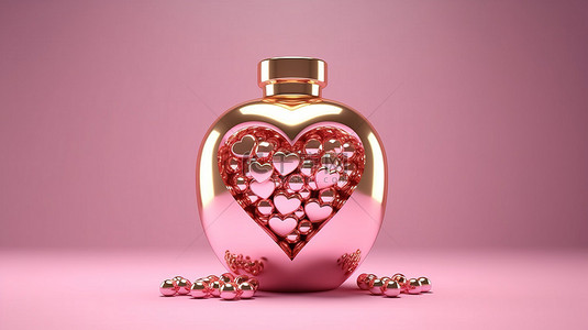 情人节玫瑰金背景图片_情人节 3D 渲染金属金心玫瑰色罐瓶
