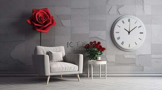 墙壁沙发背景图片_现代客厅配有白色口音椅子木墙板和流行的 3D 渲染红玫瑰