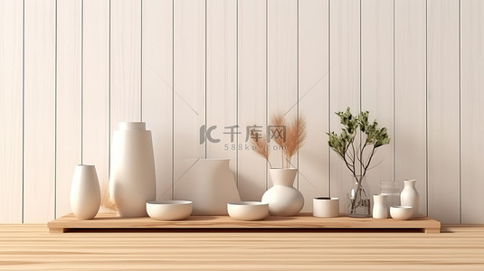 爆款展示区背景图片_现代白蜡木桌子上有充足的产品展示区，配有别致的房间装饰和白色壁纸 3D 渲染 3D 插图