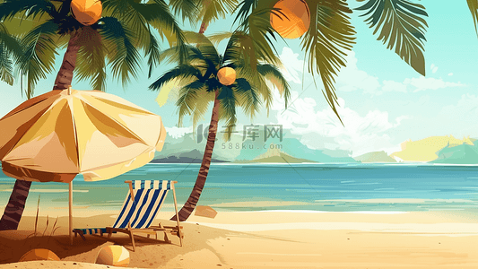 椰果装饰装饰矢量背景图片_夏日海滩椰树遮阳伞插画