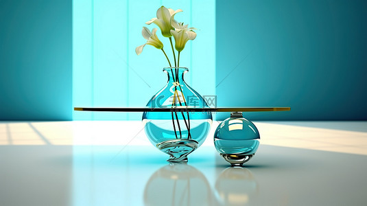 玻璃桌上花瓶的 3d 图像