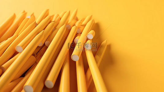 回到学校极简主义 3D 渲染铅笔在黄色背景上