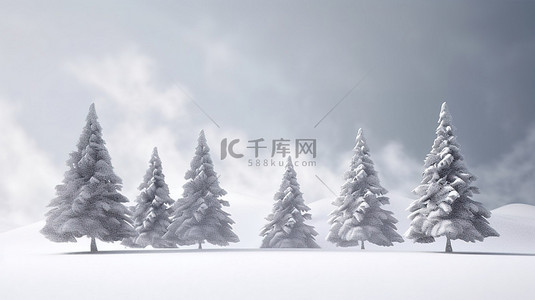 有雪松树背景图片_寒冷的风景 3d 渲染雪覆盖的松树在暴风雪中，有文字空间