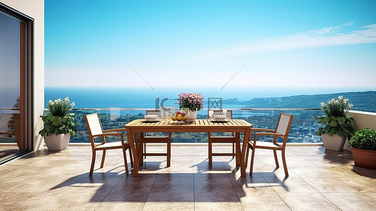 房屋风景优美的海景餐厅露台的 3D 渲染