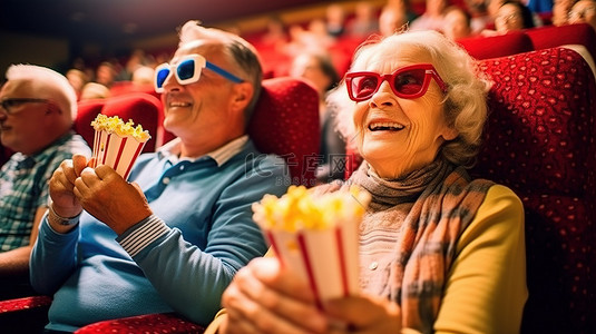 一对老年夫妇一边戴着 3D 眼镜一边享用爆米花