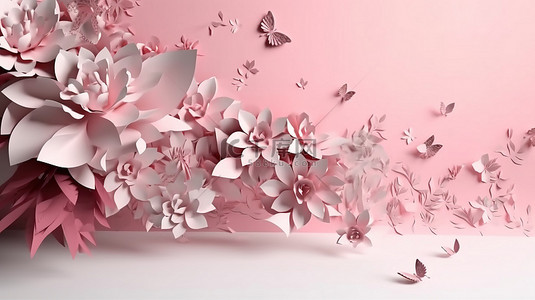情人节项目令人惊叹的粉红色纸花在 3D 渲染壁纸中翱翔