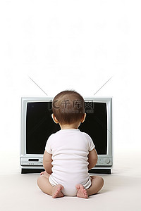 一个婴儿坐在地板上低头看电视