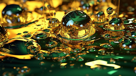 美丽的金色背景 3D 渲染上绿色液体中迷人的金属反射和折射