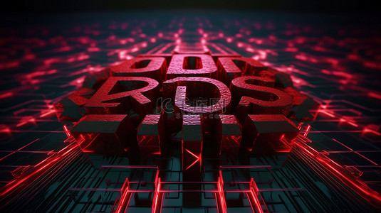 可视化数字背景上红色 DDoS 铭文的威胁 3D 渲染