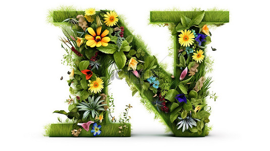 n 形草地，鲜花盛开，是您在 3D 渲染项目的完美字体