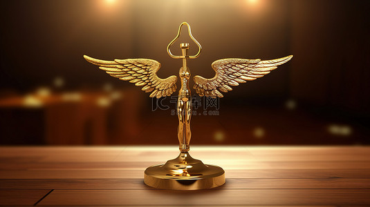 3D 医学杖符号渲染为木桌上的金色鳞片
